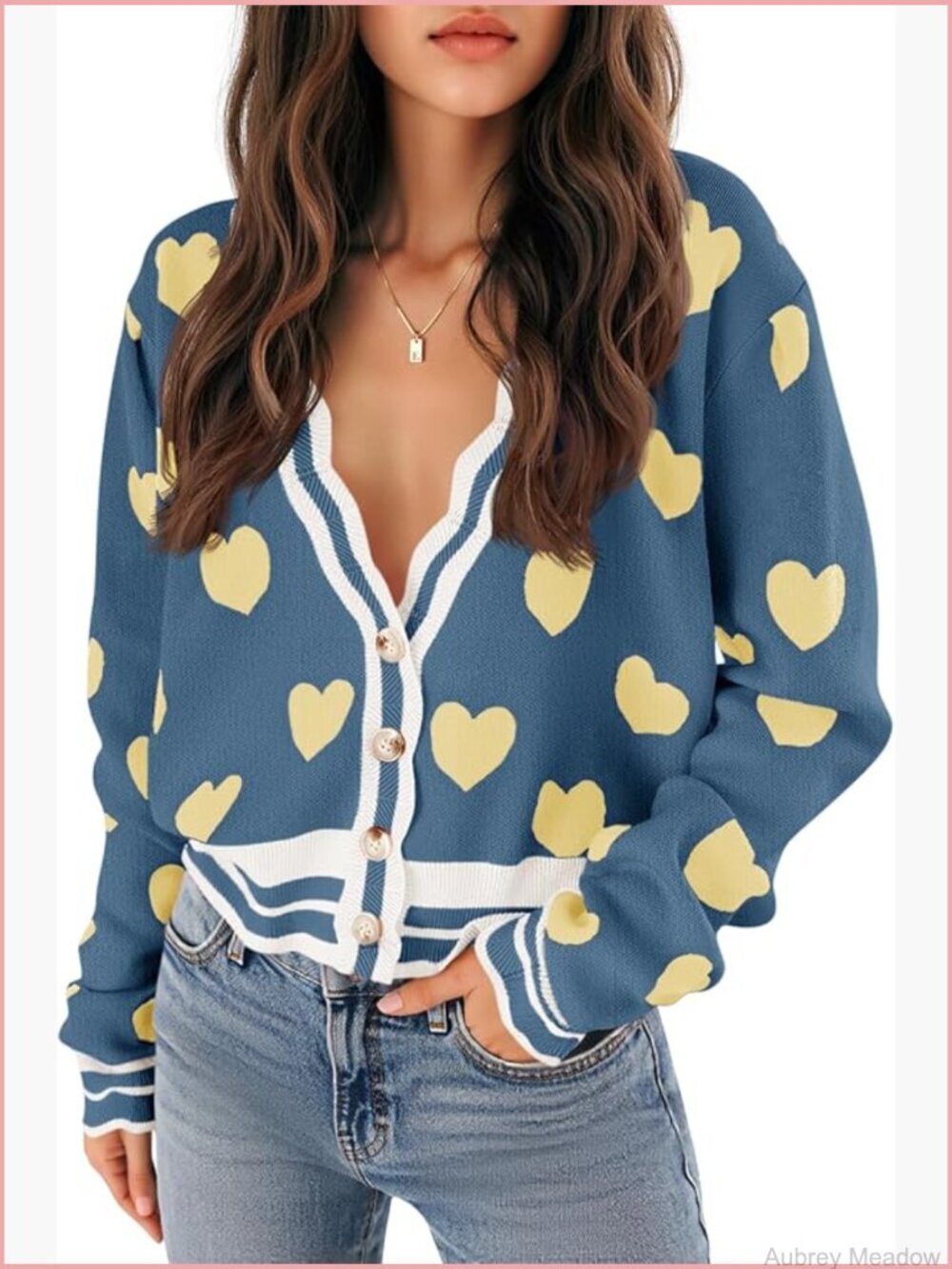 Cute Heart Knit Cardigan Button V-Neck Color Block Long Sleeve Sweater